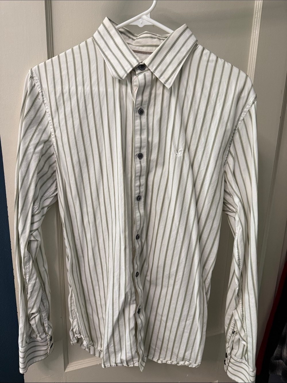 American Eagle Outfitters White Dress Shirt with Green Stripes